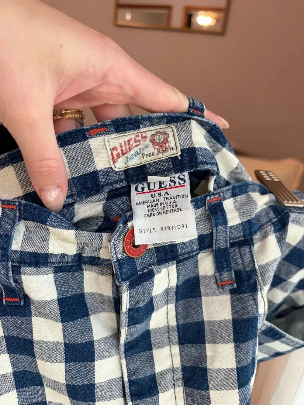 Vintage Guess Women’s Navy & White Gingham Shorts